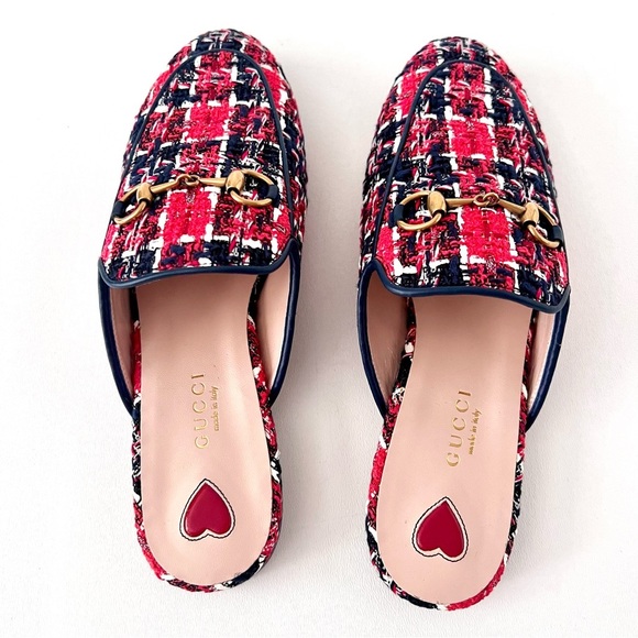 GUCCI || Princetown Red Blue Tweed Horsebit Loafer Mule Slipper Flat US 6.5 - Picture 6 of 12